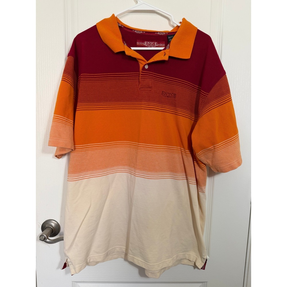 Vintage Enyce Mens XL Polo Shirt Orange Burgundy Striped Short Sleeve Cotton